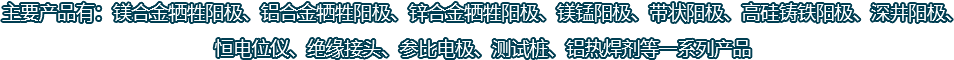 主要產(chǎn)品有：鎂合金犧牲陽(yáng)極、鋁合金犧牲陽(yáng)極、鋅合金犧牲陽(yáng)極、鎂錳陽(yáng)極、帶狀陽(yáng)極、高硅鑄鐵陽(yáng)極、深井陽(yáng)極、恒電位儀、絕緣接頭、參比電極、測(cè)試樁、鋁熱焊劑等一系列產(chǎn)品